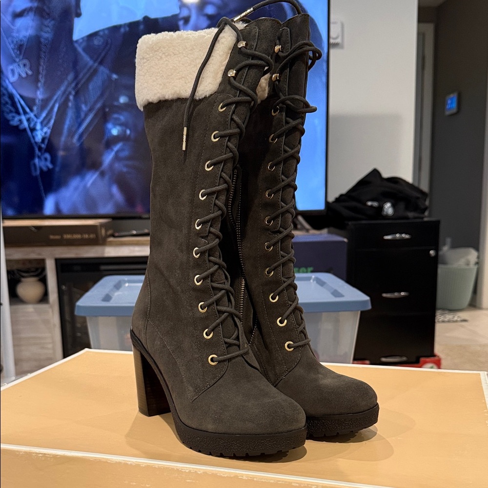 MICHAEL Michael Kors Black Lace-Up Boots with Cream Trim